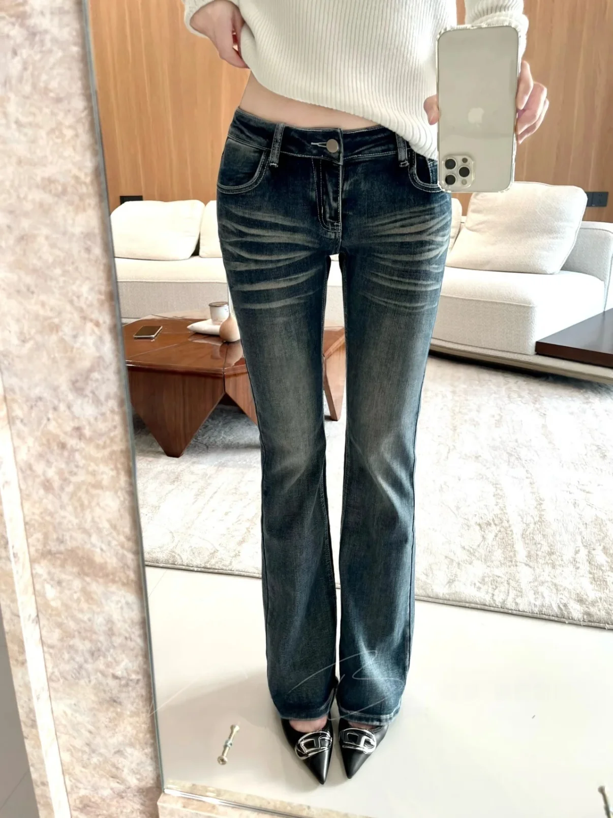 

Low Waist Slim Fit Straight Leg Floor Length Pants Feel the Entry Tiet Supermodel St High Waist Elastic Casual Jeans