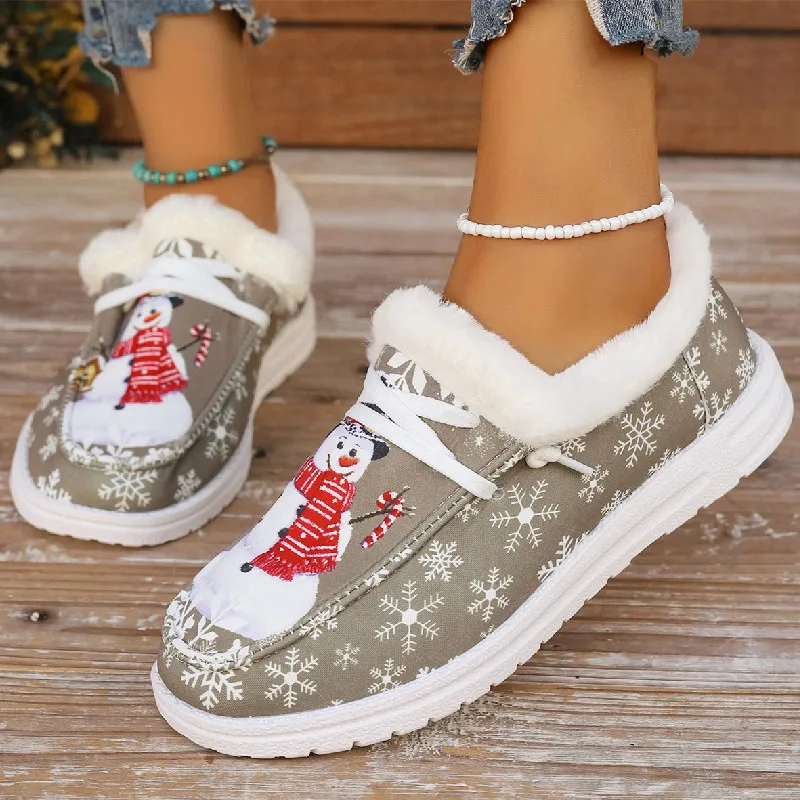 Women's Printed Cotton Shoes 2024 New Large Size Comfortable Round Head Flat with Velvet Warm Lace-up Canvas Shoes Women Boots