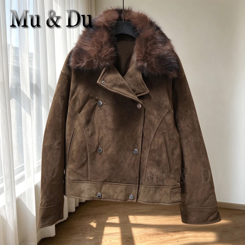 Mu&Du Winter New Casual Women's Long Sleeve Faux Fur Coat Collared Female Button Short Genuine Leather Jacket Outerwear