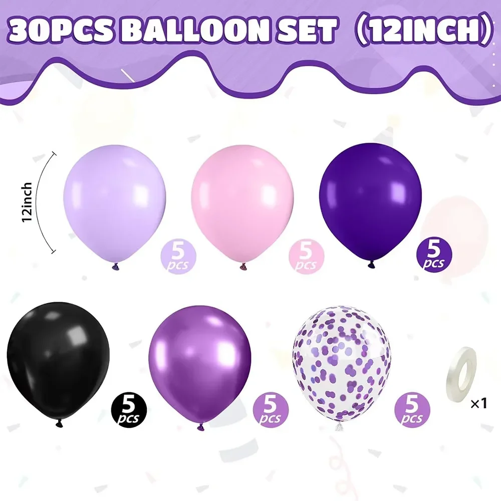 30 قطعة بالونات سوداء باللون الأرجواني الداكن والوردي مقاس 12 بوصة بالونات قصاصات أرجوانية معدنية داكنة للفتيات زينة أعياد الميلاد والهالوين
