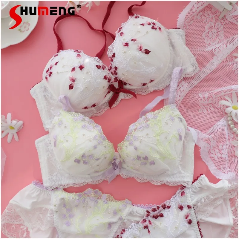 

Comfortable Embroidered Girl Bra Set Female Japanese Style Underwire Intimates Women's Print Sexy Lingerie Brief Suits