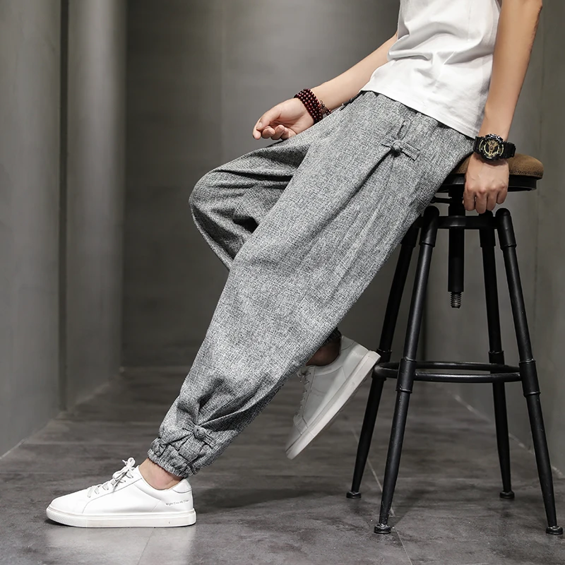 Spring and Summer Trend Disc Buckle Harem Pants Mens Breathable Cotton Pants for Men Buckle Casual Bloomers Fashion Trousers