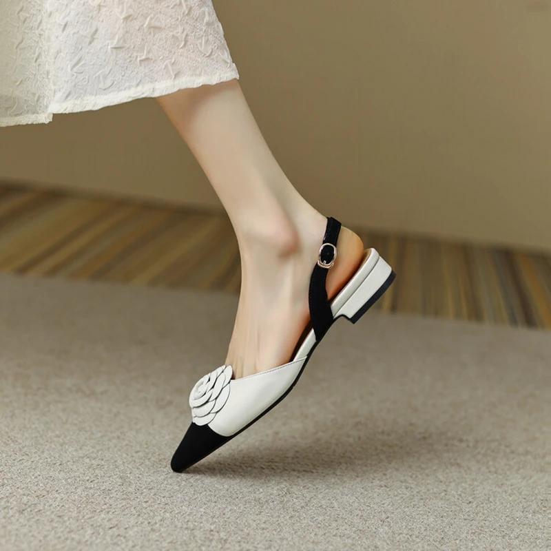 NEW Summer Women Shoes Split Leather Pointed Toe Women Sandals Mixed Colors Chunky Heel Shoes for Women Soft Low Heels Plus Size image 6