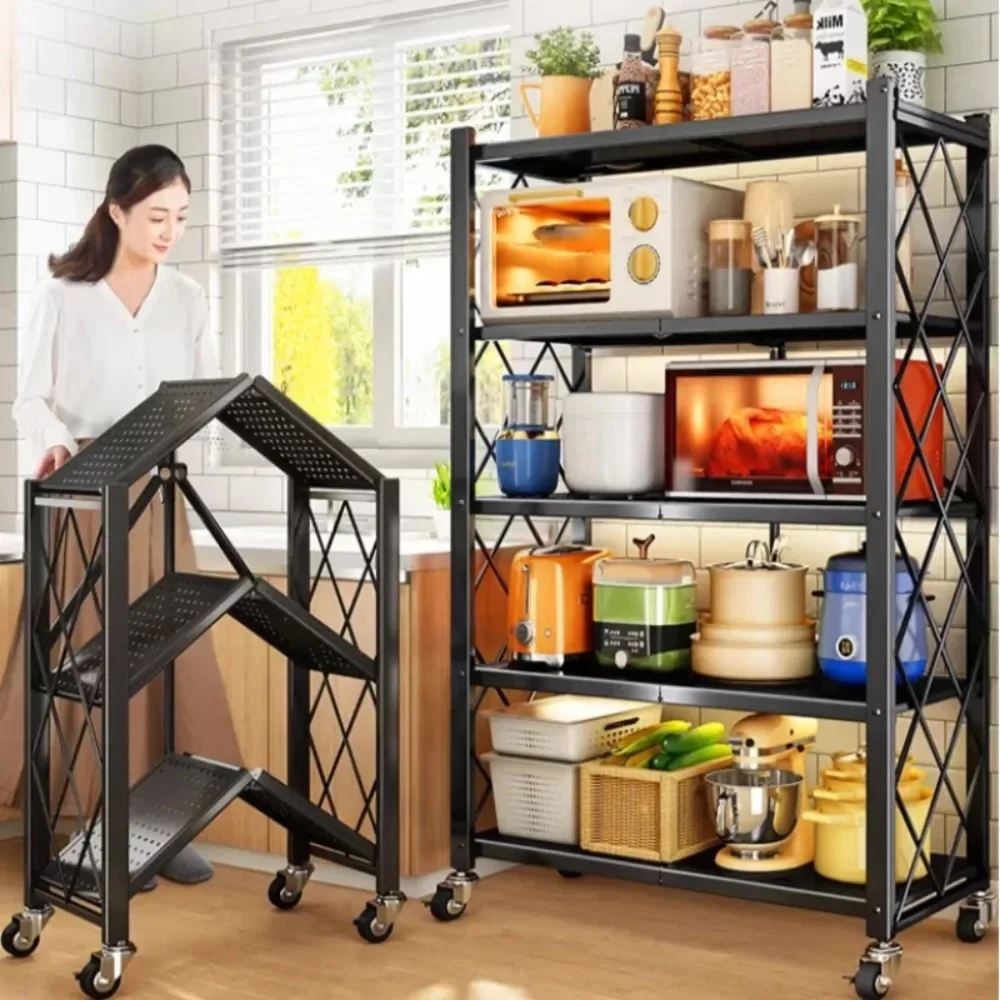 Folding Kitchen Storage Rack with Wheels 3/4/5 Layer Storage Cart Shelves Easy Installation Bookshelf Flower Stand Metal Shelves