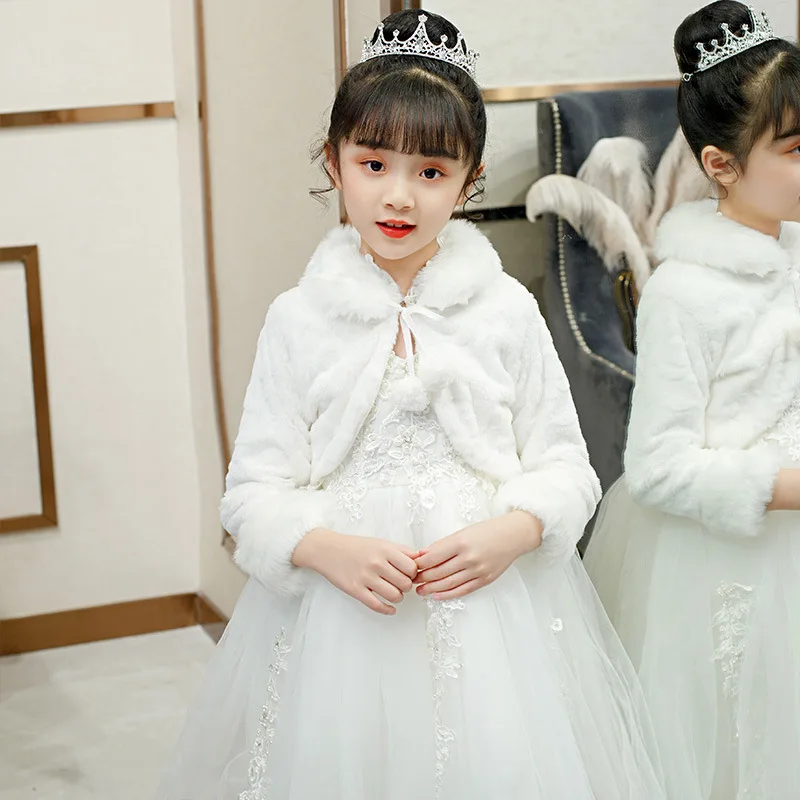 Long Sleeve Girls Faux Fur Jacket Bridesmaid Birthday Party Wedding Jacket for Flower Girls Dress Wraps Coat Cloak Bolero Cape