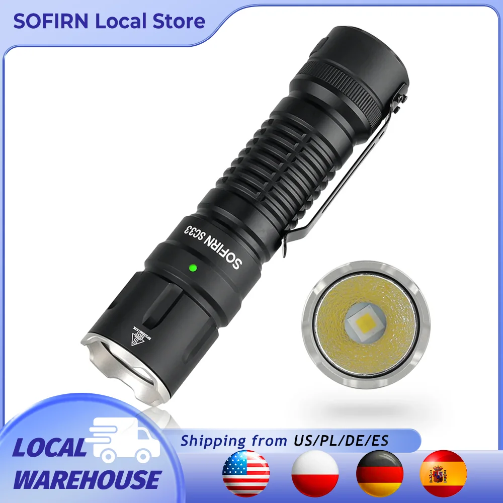 Sofirn SC33 5200 lumen LED torche XHP70.3 HI torche tactique Puissante torche rechargeable 21700 USB C avec interrupteur arrière E éclairage externe, puissante torche pour la chasse, la police, la