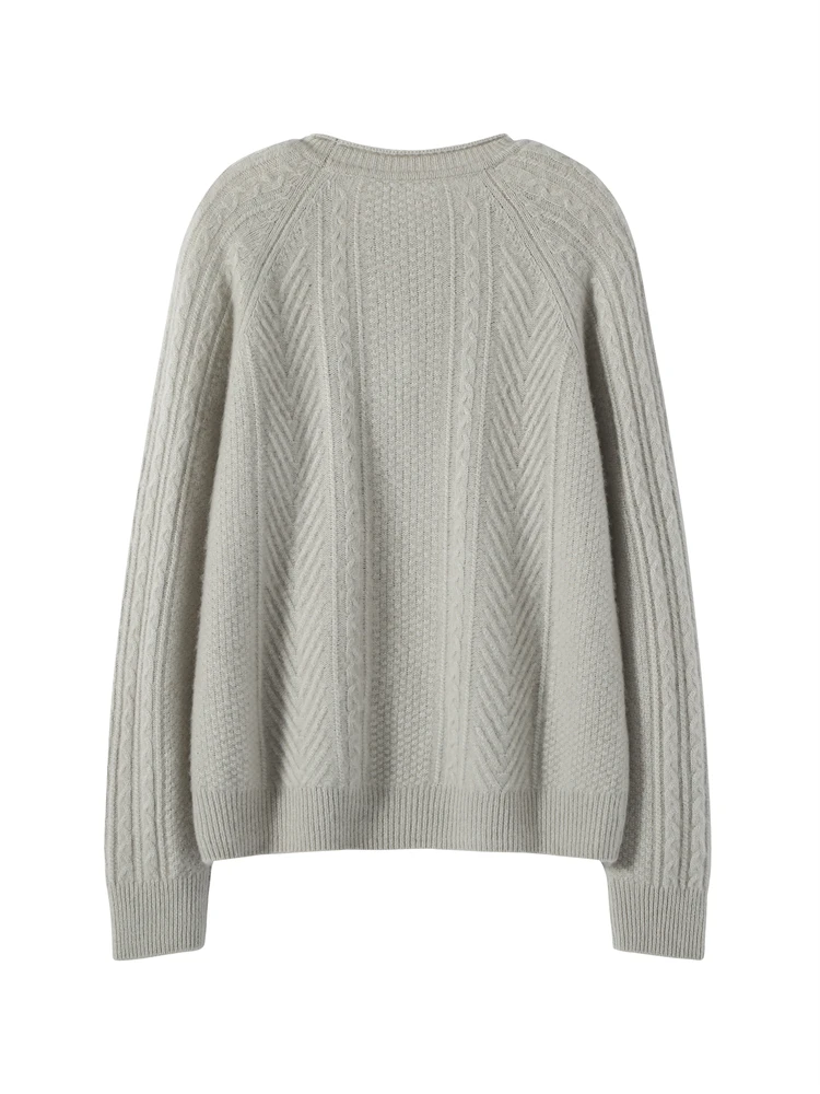 Jersey con cuello redondo y punto de Cable para mujer, suéter de punto de Cachemira de 100% grueso, cálido y suave, ropa elegante, Otoño e Invierno