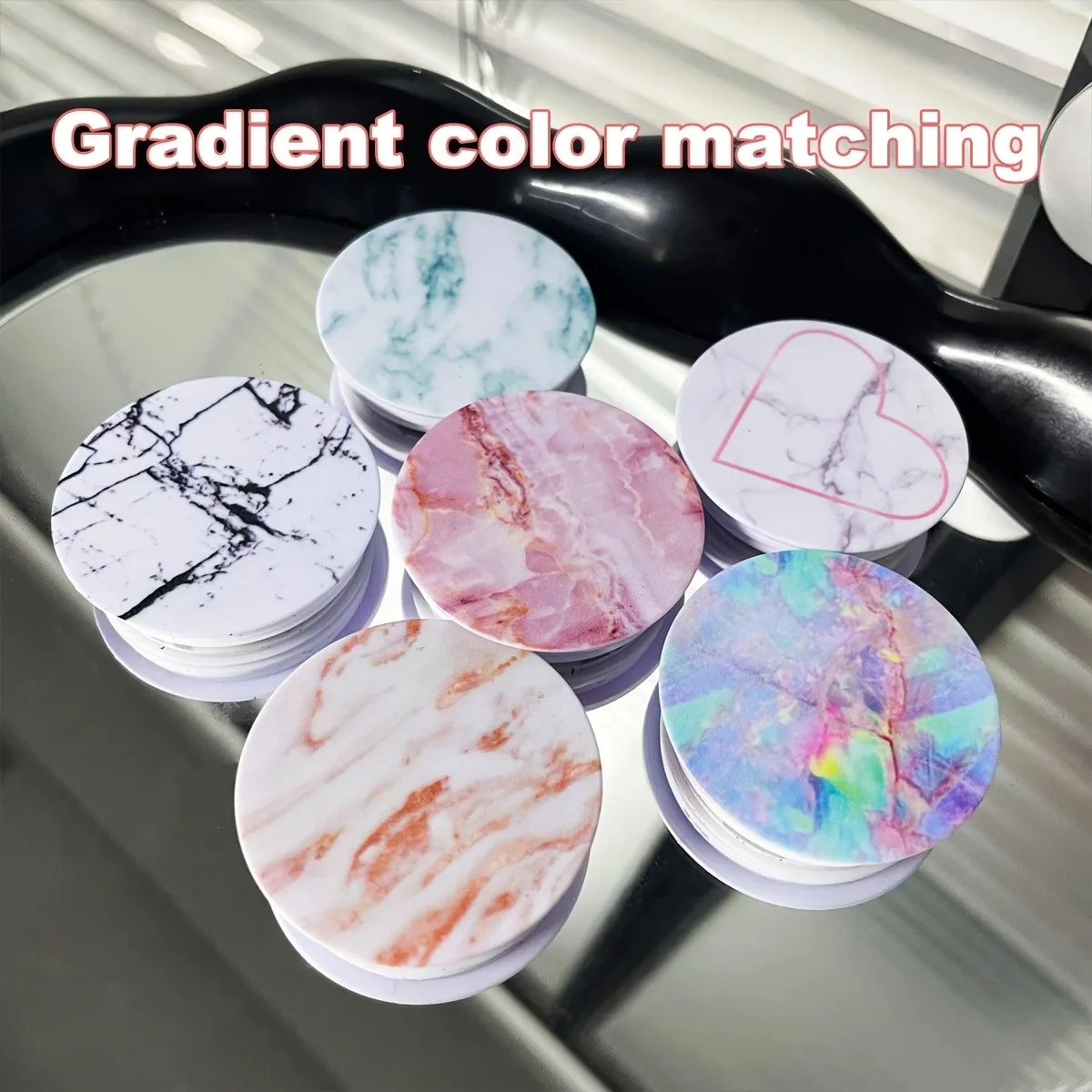 Gradient Marble Pattern Phone Stand Round Adhesive Retractable Foldable Desktop Holder Universal Creative Gift Phone Accessories