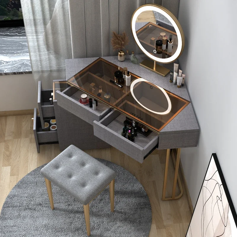 

Girls Glass Storage Vanity Table Lights Luxury Woman Cabinet Mirror Bedroom Dressers Makeup Desk Drawers Coiffeuse Furniture
