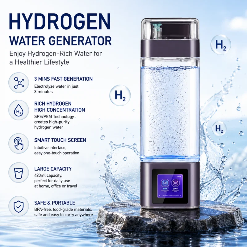 9000PPB Hydrogen Water Ionizer Smart Touchscreen Control Hydrogen Generator Bottle Flask 350ML Hydrogen Alkaline Water Maker