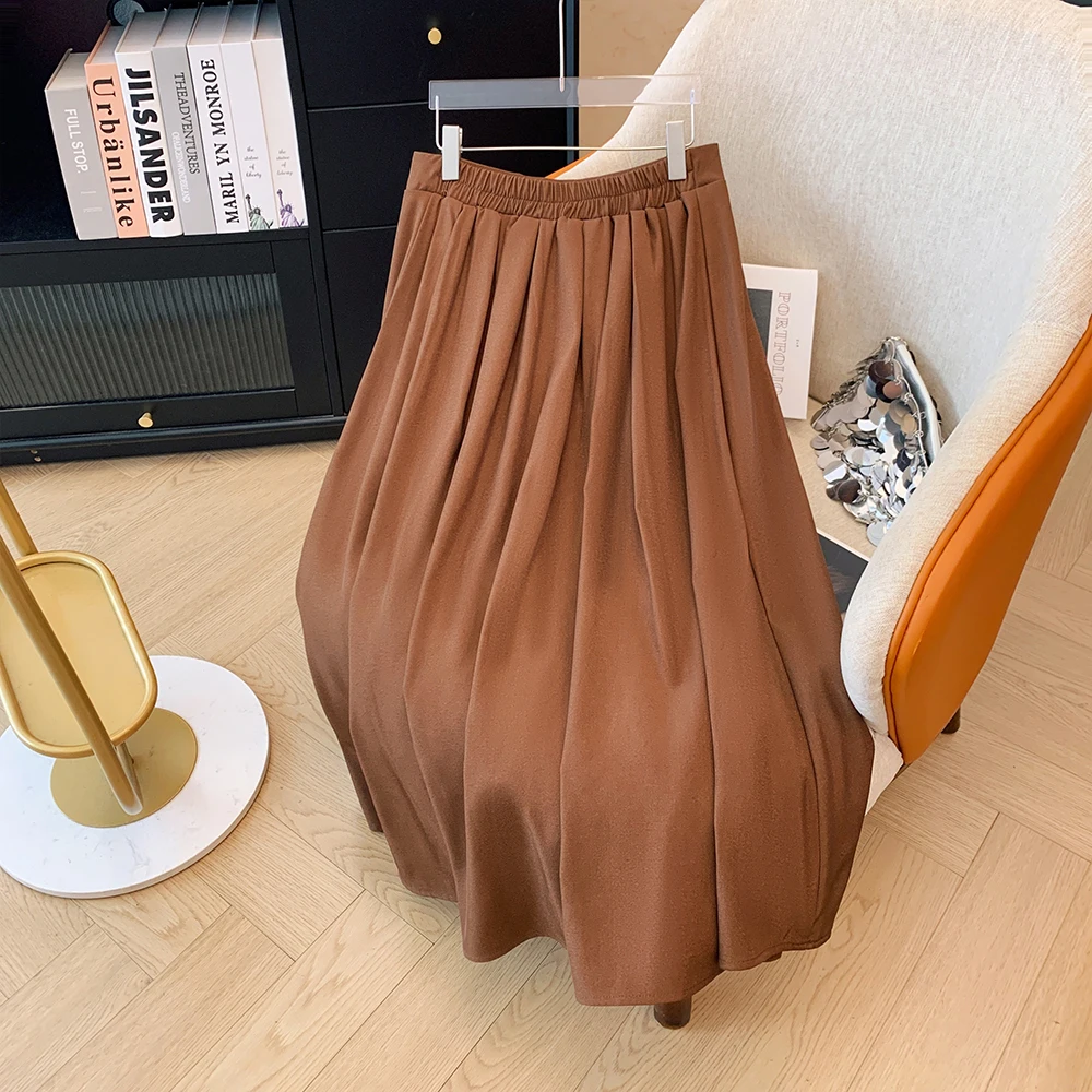 Falda larga de talla grande para mujer, prenda informal, holgada y cómoda, color café, elástica, de cintura alta, simple, forrada con línea A, otoño