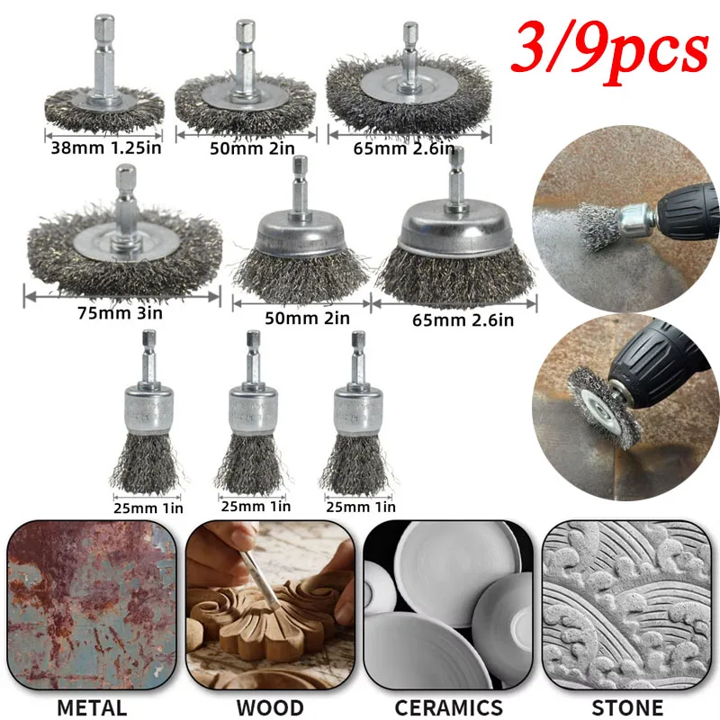 

3/9pcs Wire Brush Set 1/4 Inch Hexagonal Handle Rust Removal Polishing Drill Brushes Cleaning Wire Wheel Woodworking Accessories