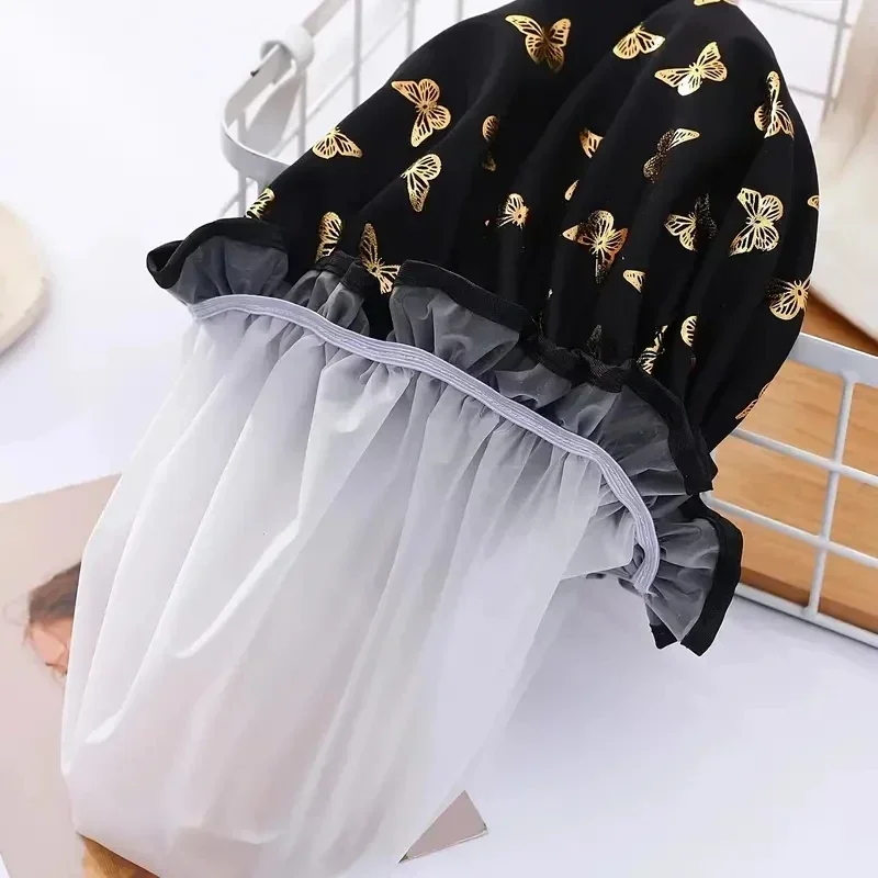 1 double layer bronzing printed waterproof shower cap bath and bath cap