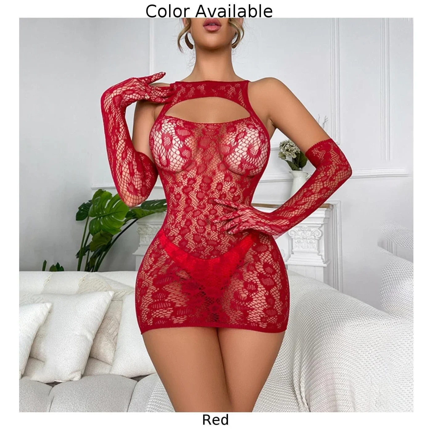 Woemn Net Style Vestido Net e Luvas Set, Sexy Hip Bag