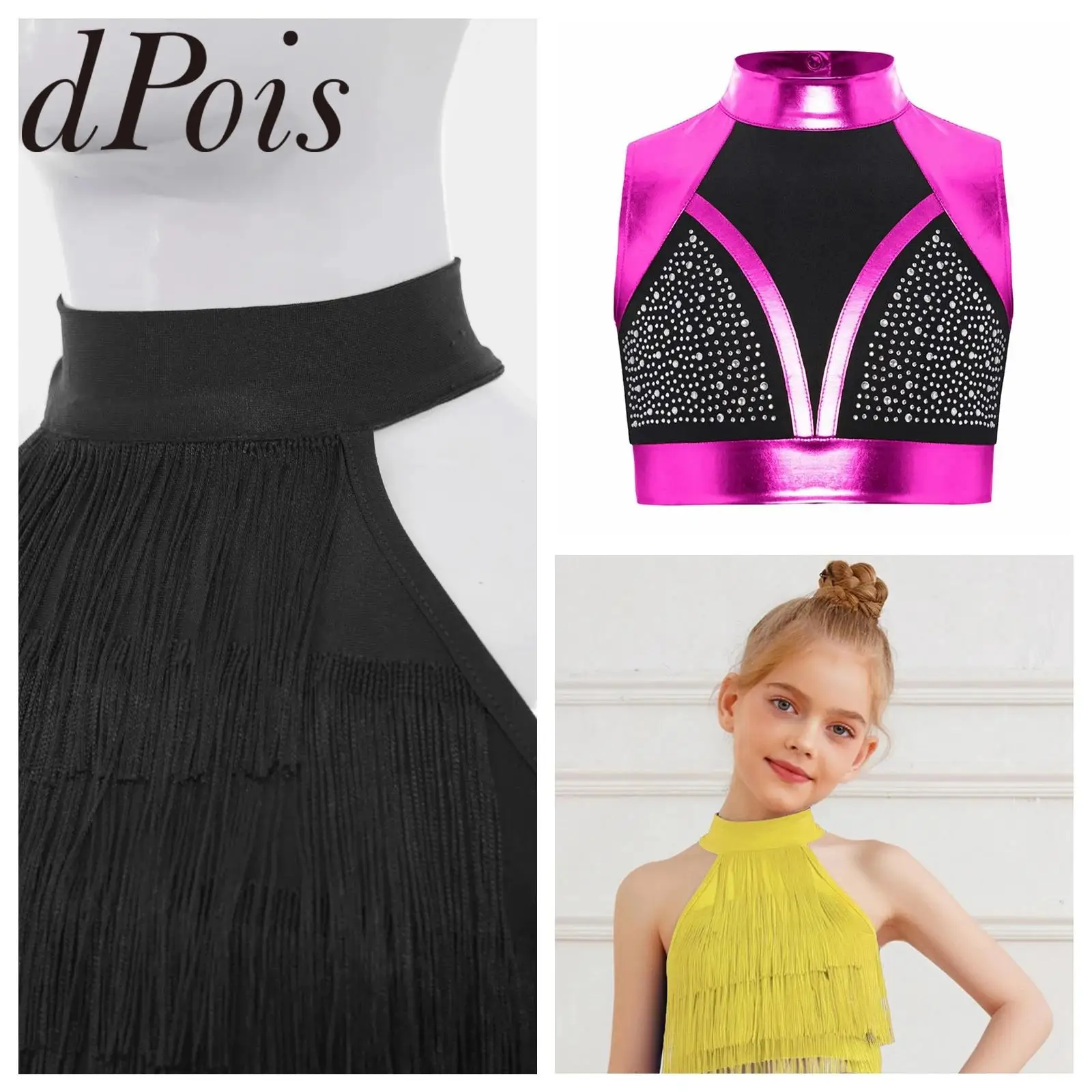 سترات رقص للفتيات مهدب ملابس هيبي لموسيقى الجاز ديسكو الهيب هوب أداء المسرح زي ملابس الشارع للأطفال قطع علوية قصيرة معدنية لامعة