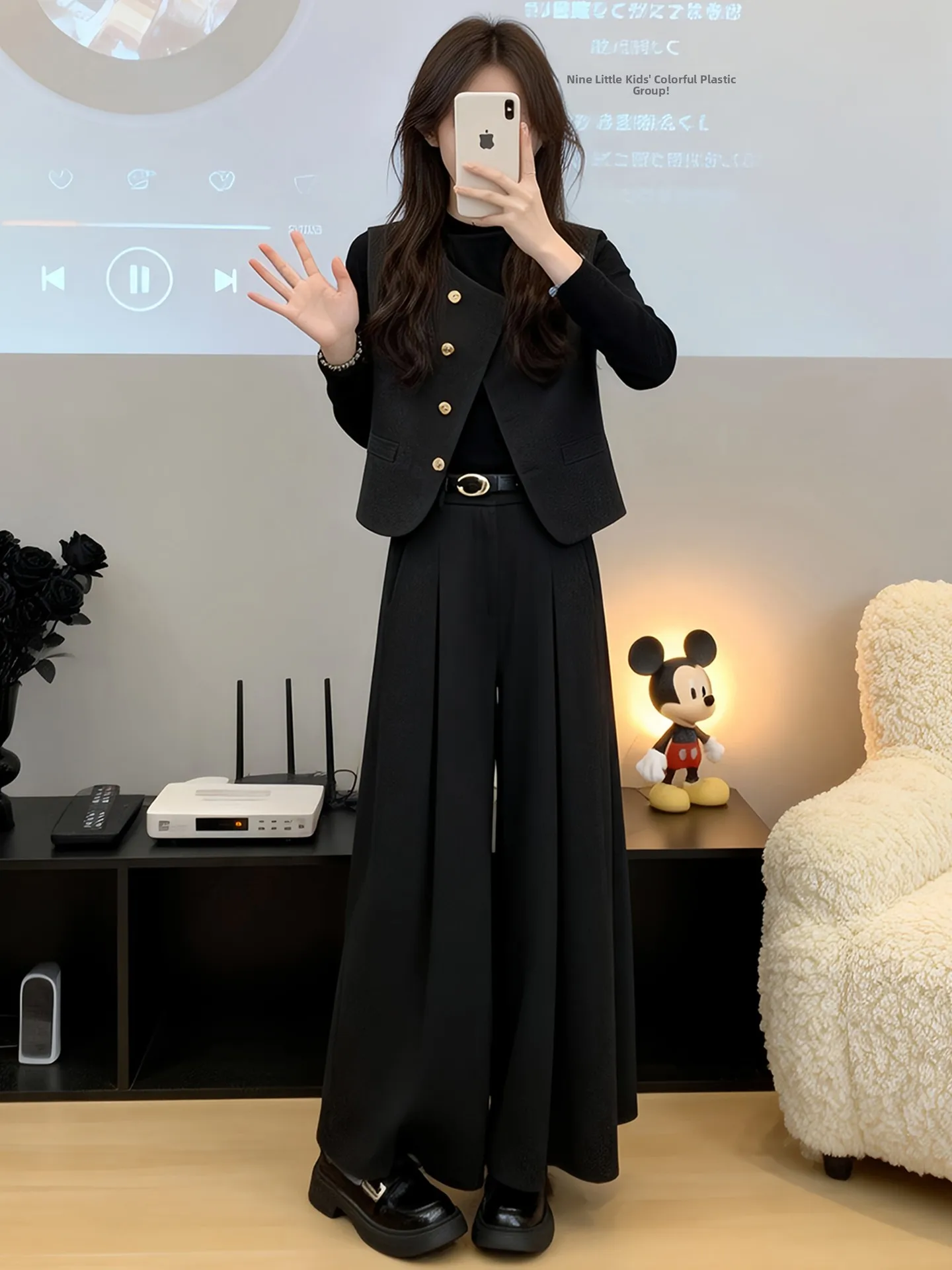 

Fashionable Slimming Half High Collar Base Layer Shirt Vest Wide Leg Pants Three Piece Set for Women Spring Autumn New Style
