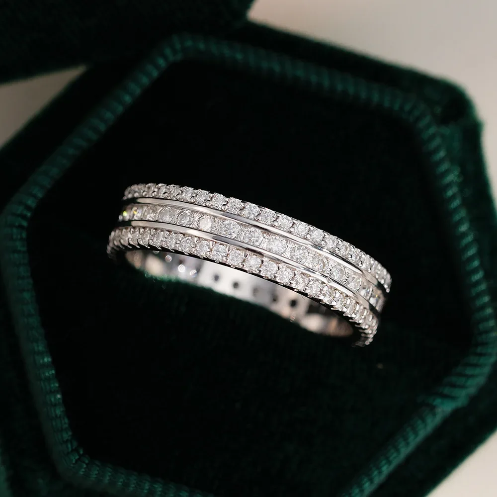 

18K Real Platinum Hip Hop 3 Row Ring Women's PT950 Platinum Ring Round D Color VVS1 Moissanite Diamond Eternal Ring