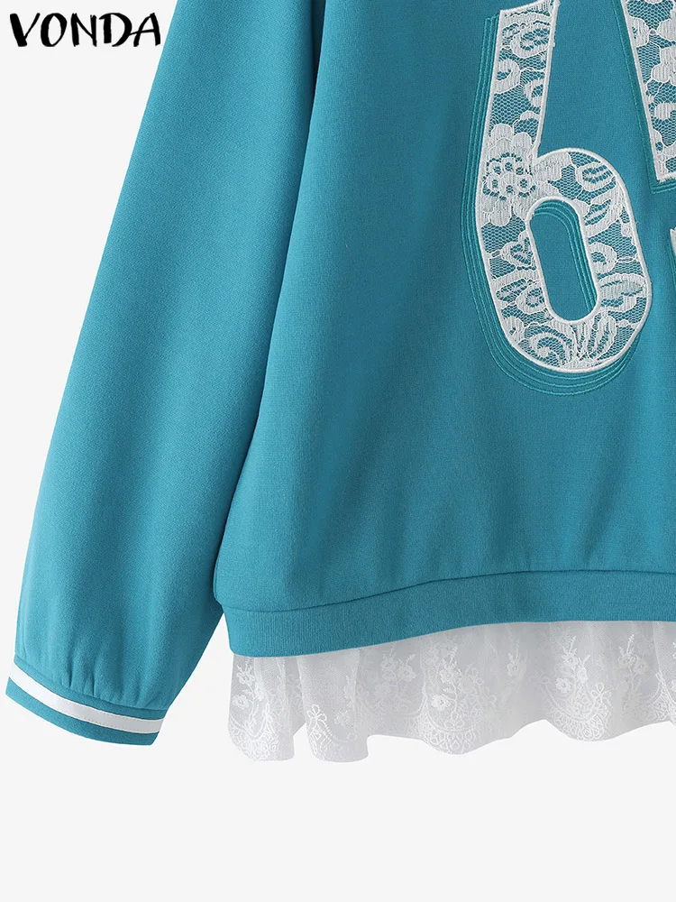 VONDA Women Sweatshirts 2025 Casual Lace Patchork Hoodie Long Sleeve Blouse Streetwear V-Neck Pullovers Oversized