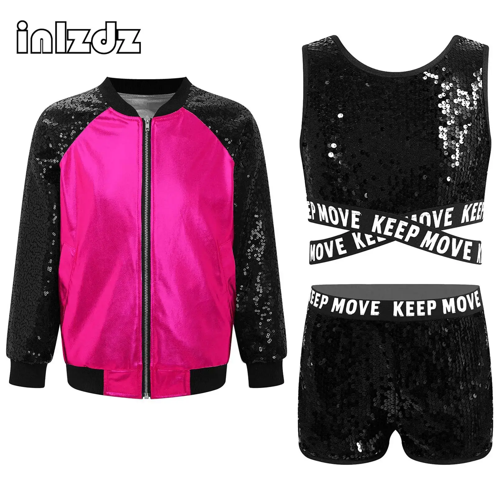 

Kids Girls Hip-hop Jazz Dance Outfit Shiny Sequin Long Sleeve Color Block Metallic Jacket with Criss-cross Waistline Vest Shorts