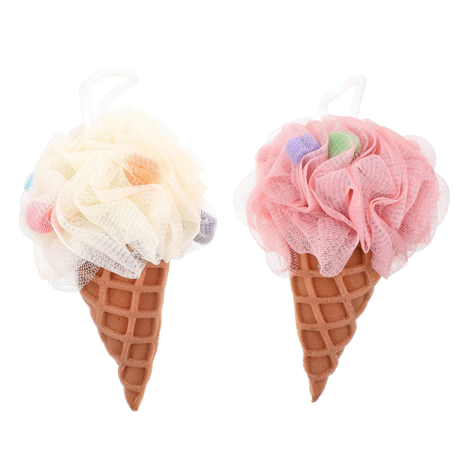 Bath Sponge 2 Pack Ice Cream Shape Nylon Shower Loofah Exfoliating Body Scrubber Hanging Quick Dry