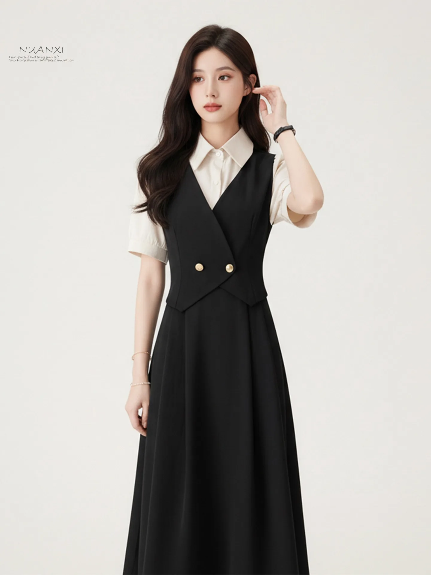 

Warm Nuanchi College Style Shirt Dress Set Women's Summer Waist-Cinching Interview Outfit Elegant Ensemble Fake Two-Piece