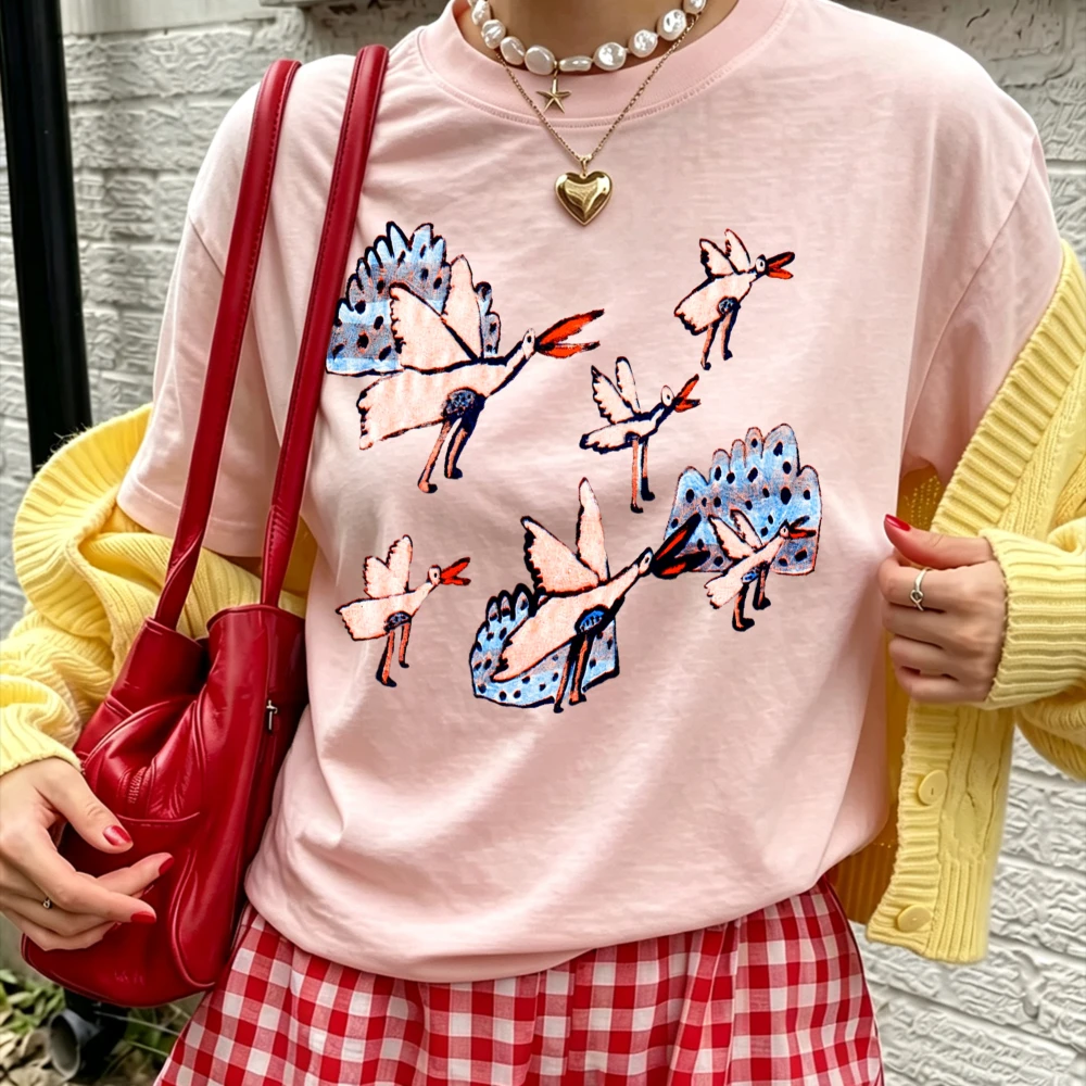Women Vintage Flamingo Bird Group Print T Shirt Cute Hand Drawn Bird Graphic Tee Casual Loose Cotton Aesthetic Daily Fashion Top