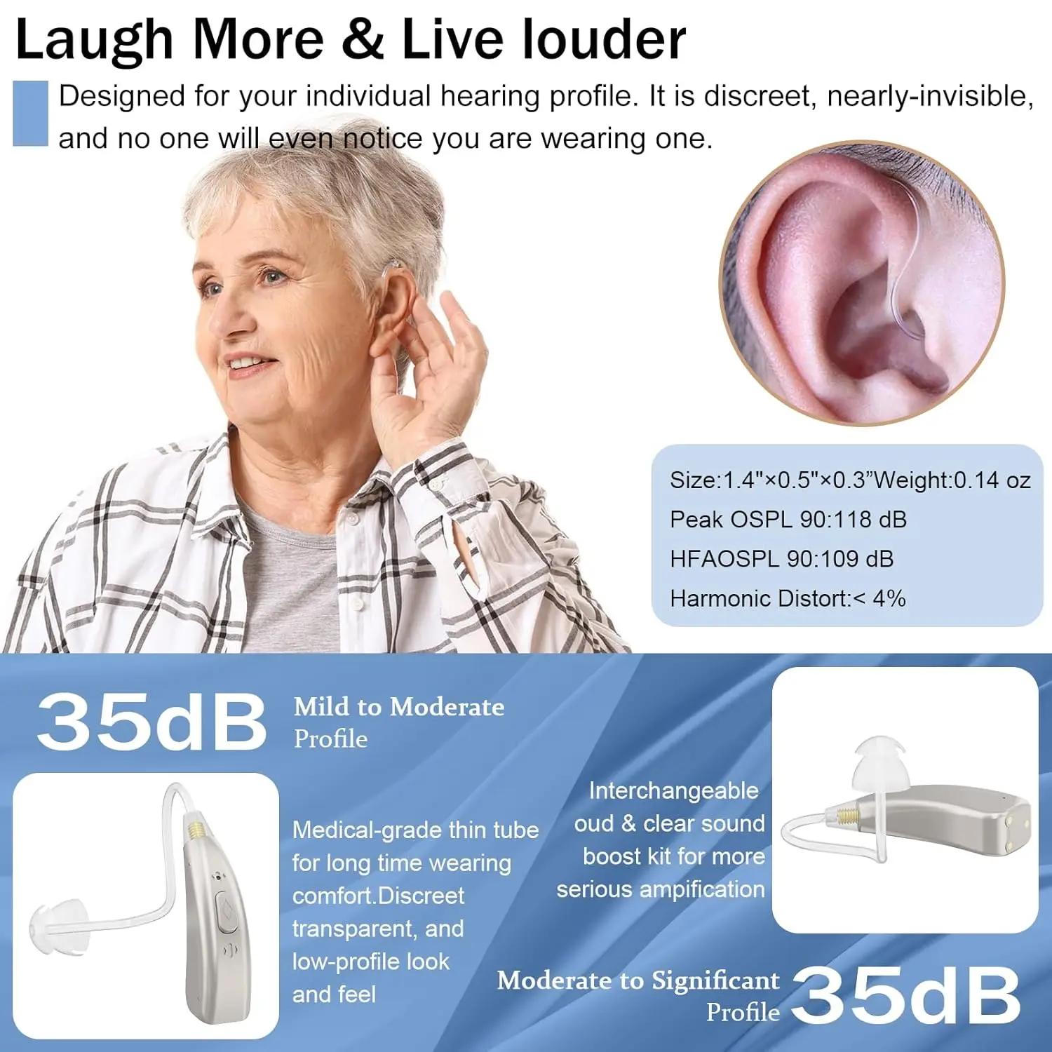 Digital 16-Channel Rechargeable Hearing Aids Multi-Mode BTE Hearing Aid High Performance Concealed In-Ear for Seniors & Deafness