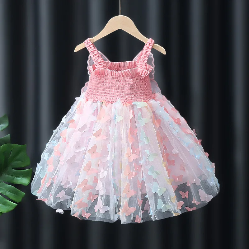 Big Butterfly Decoration Gauze Cotton Sling Dress Stereoscopic Kids Girs Vestido Summer Princess Wedding Birthday Party Dresses