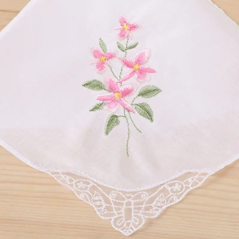 3Pcs/Set Women Basic White Square Handkerchief Floral Embroidered Pocket Hanky