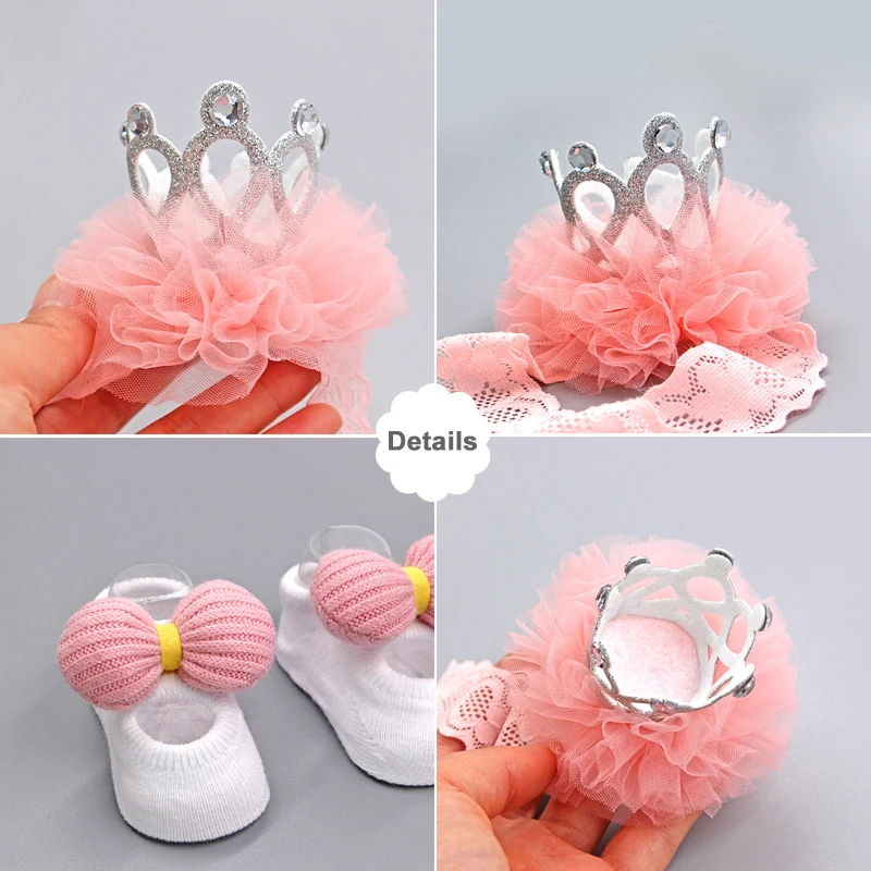 3Pcs Baby Crown Headbands + Socks Set Kids Newborn Baby Cartoon Socks Anti-slip Floor Sock Shoes Bowknots Socks Baby Gifts 0-2T