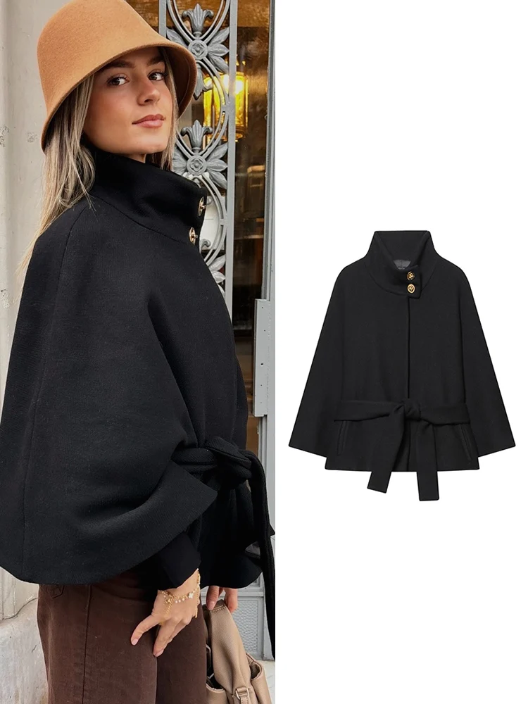 

﻿ Новые теплые короткие пальто-накидка для женщин, элегантные уличные однотонные пальто с поясом, осенне-зимняя модная куртка-накидка для путешествий