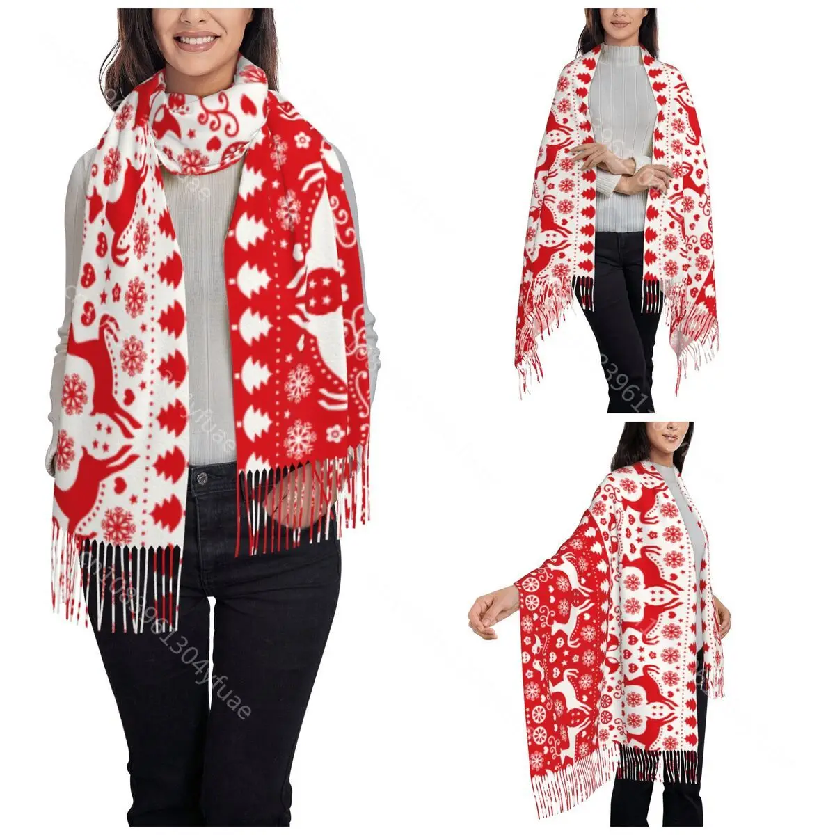 Women's Scarf with Tassel Red Christmas Reindeer Large Soft Warm Shawl Wrap New Year Ugly Sweater Pattern Gifts Pashmina Scarves