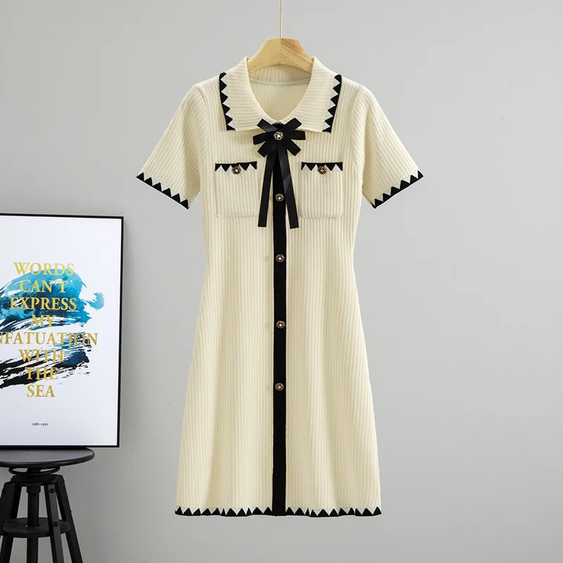 Greenora Casual Wear Minimalist Polo Neck Contrast Color Short Sleeve Dress 2026 Spring Summer New Knit Dress Classic Versatile