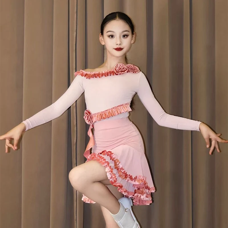 

Одежда для латинских танцев для девочек, розовое, черное платье с длинными рукавами и оборками, платье с цветочным рисунком, детские платья для танцев ча-ча-румбы, костюм