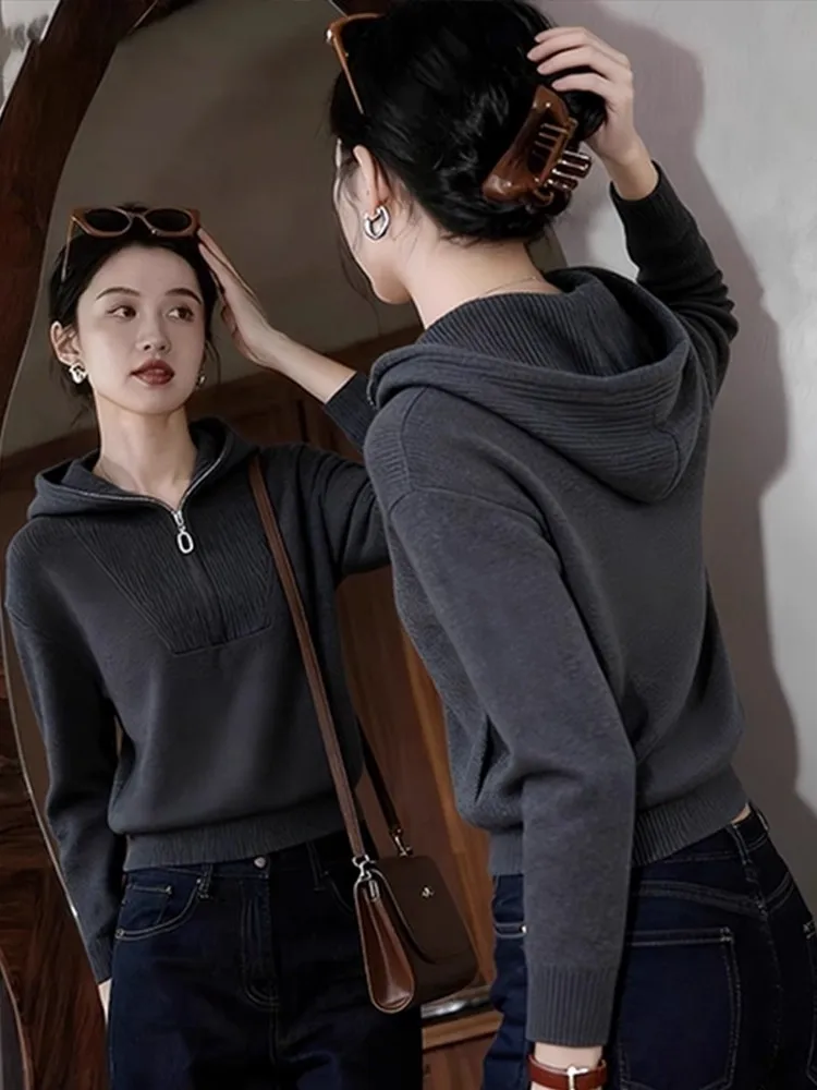

ay Hooded Sweater Women's Casual Loose Sle Autumn Winter New Faion Slimming Knitted Top for Younger Looking