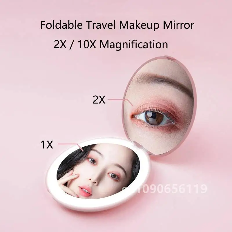 Mini miroir de maquillage portable à lumière LED, miroir HD grossissant 2X/10X, miroir de poche pliable pour filles, 4 couleurs, 2 faces