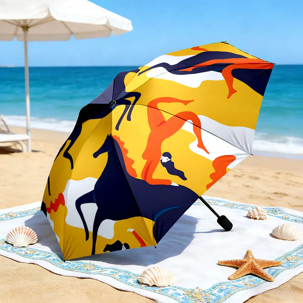 1PC Bold Horse Design Umbrella by the Lakeside Picnic Print 8 Iron Ribs Folding Umbrella Auto-Open Fashion Sunshade