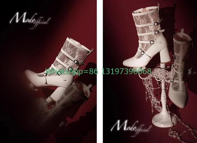 

Lady white lace Lolita design Mary Janes boots punk style vintage calf boots chunky heel pointed toe PU shoes Y2K style boots