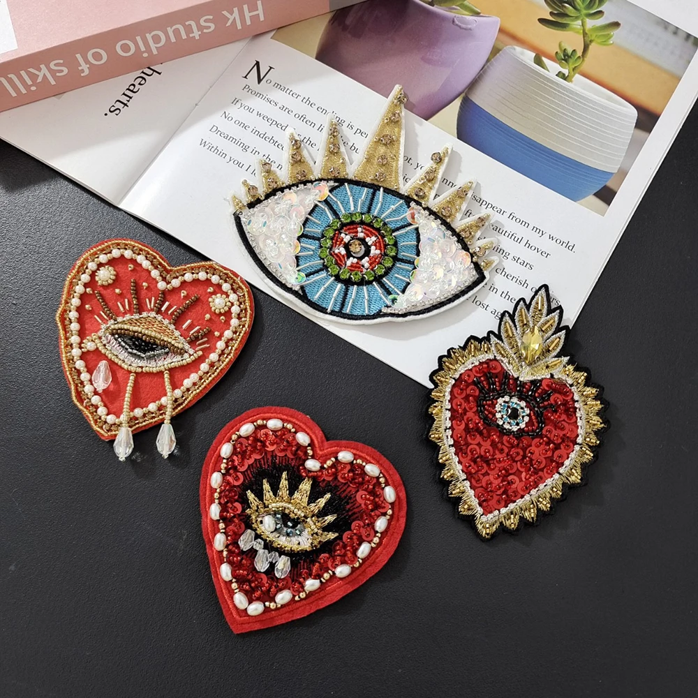 1 Piece Heart Beads Sequins Heart Eye Shape Fashion Badges Applique Embroidered Beaded Patch for Clothing