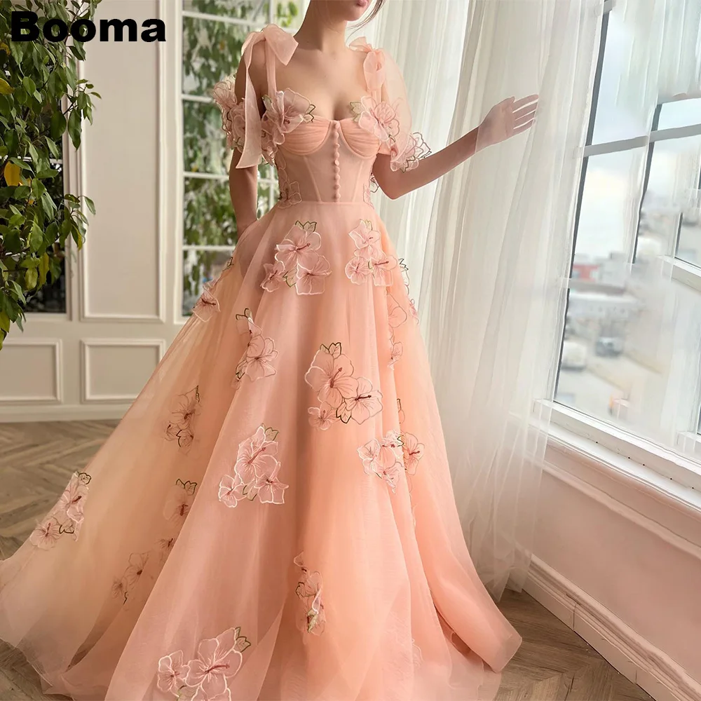 Booma Flesh Pink Fairy Prom Dresses Sweetheart Off Shoulder Flowers Party Evening Dresses A Line Floor Length Events Gowns