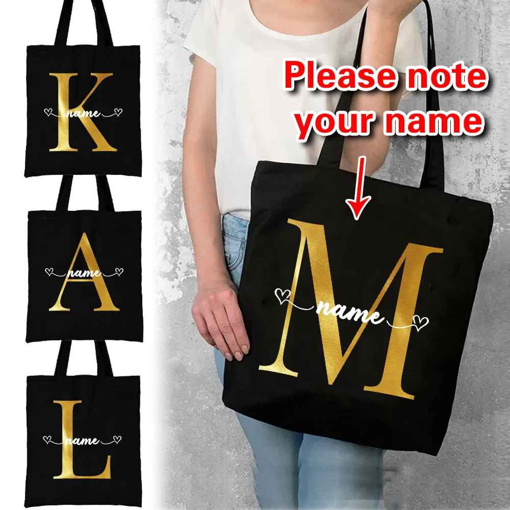 

Customized Gold Letter Foldable Shopping Bag Reusable Eco-friendly Bag for Groceries Women's Shopping Bag Student Canvas Handbag