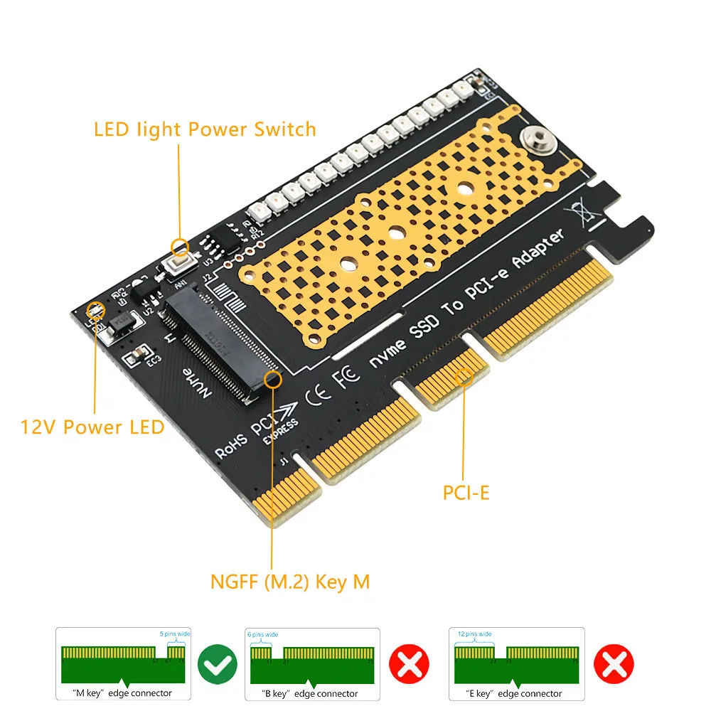 Adaptateur M.2 NVcloser SSD vers PCI-E 4X/8X/16X, avec 3528 flash LED coloré, support 2242/2260/2280 M.2