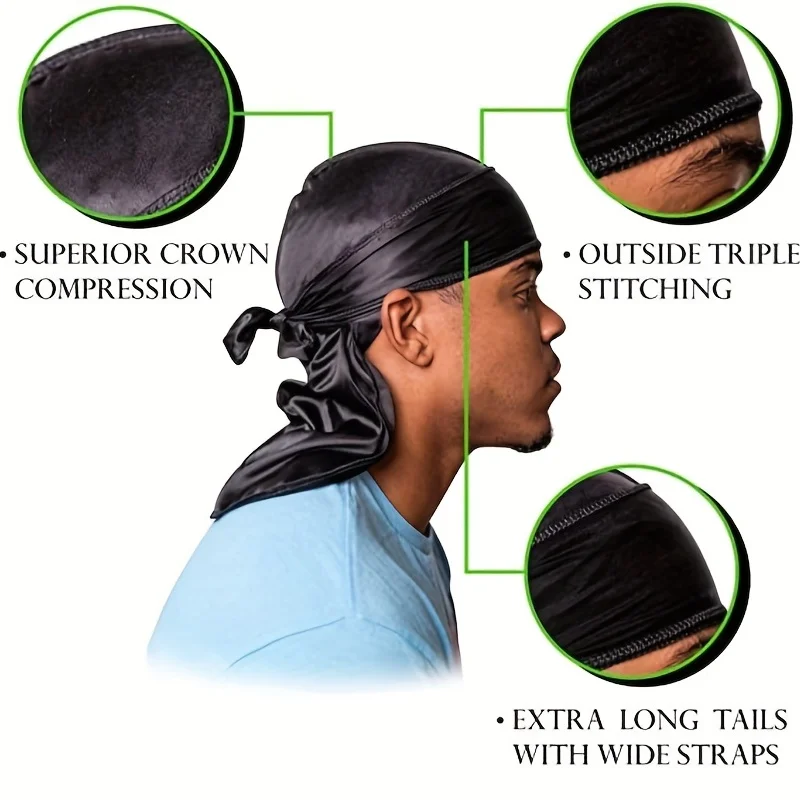 Men\'s Silk Durag Bonnet Bandana Silky Du Rag Doo Rag Long Tail Waves Cap