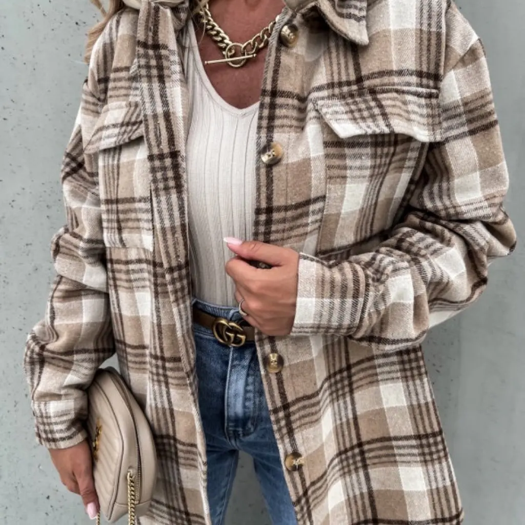 

Women's Hooded Plaid Woolen Jacket Removable Laps European And American Style Hot Autumn Fashion Outerwear