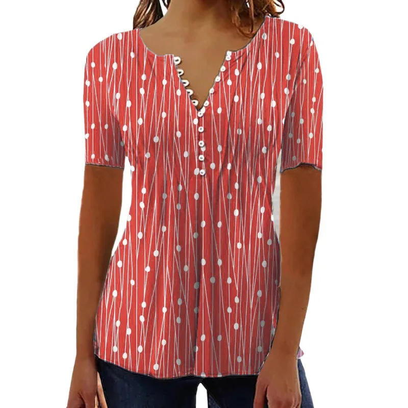 2024 Europese En Amerikaanse Lente/Zomer Nieuwe V-Hals Polka Dot Shirt Met Korte Mouwen En Print Trui