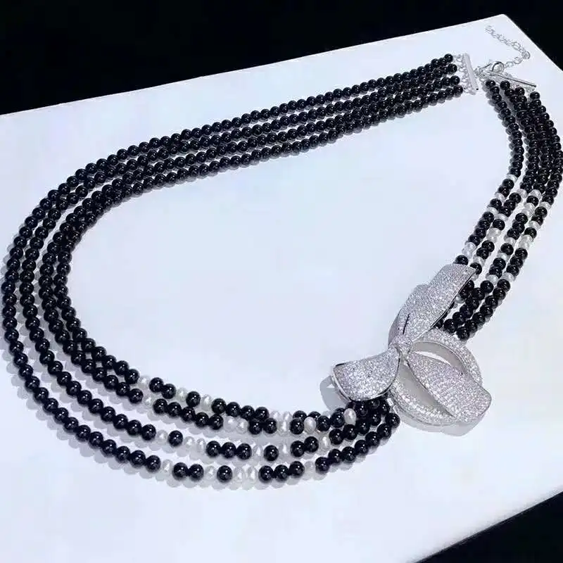 

New style 4strands black stone white freshwater pearl necklace micro inlay zircon accessories long 45-53cm fashion jewelry