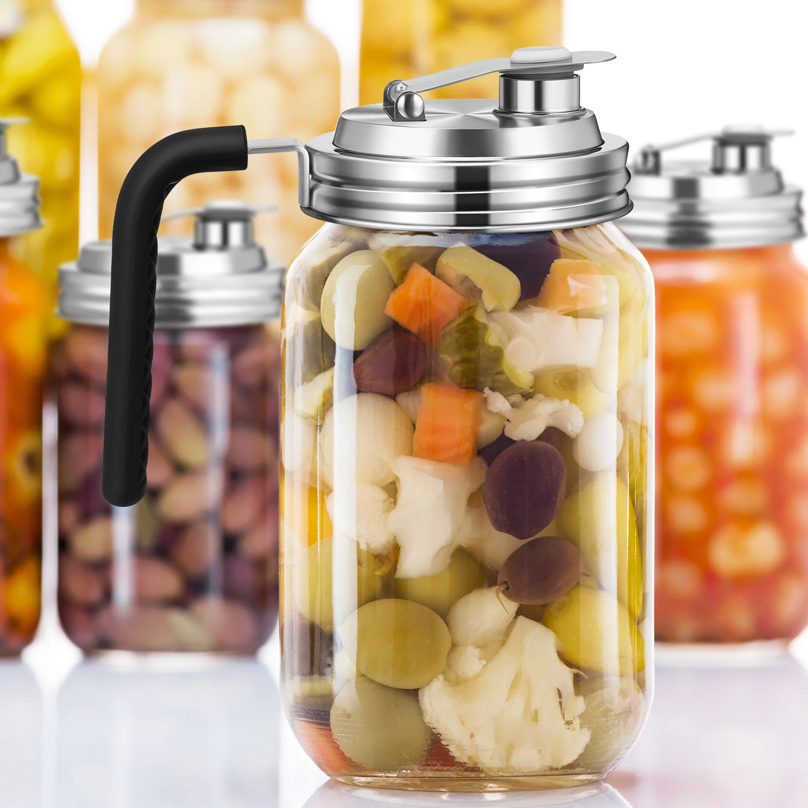

2Pcs Stainless Steel Wide Mouth Jar Pour Spout Lids Airtight Handle Toppers Mason Jar Caps Canning Lids Jar Toppers Leakproof