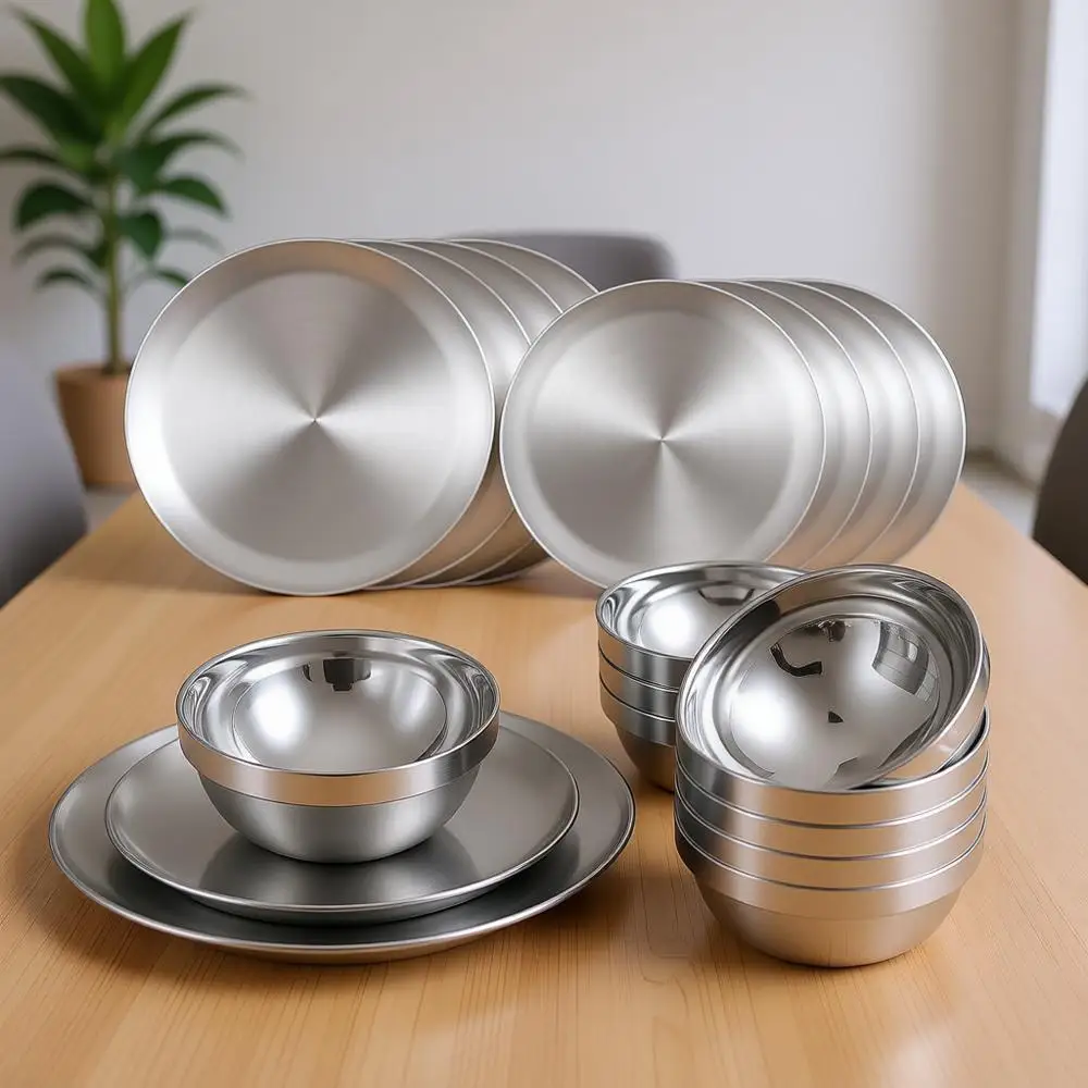 

10 наборов тарелок и мисок из нержавеющей стали, 6,7 и 10,2 дюйма, многоразовые стальные миски для закусок объемом 13 унций для кемпинга, термоизолированная посуда для ужина