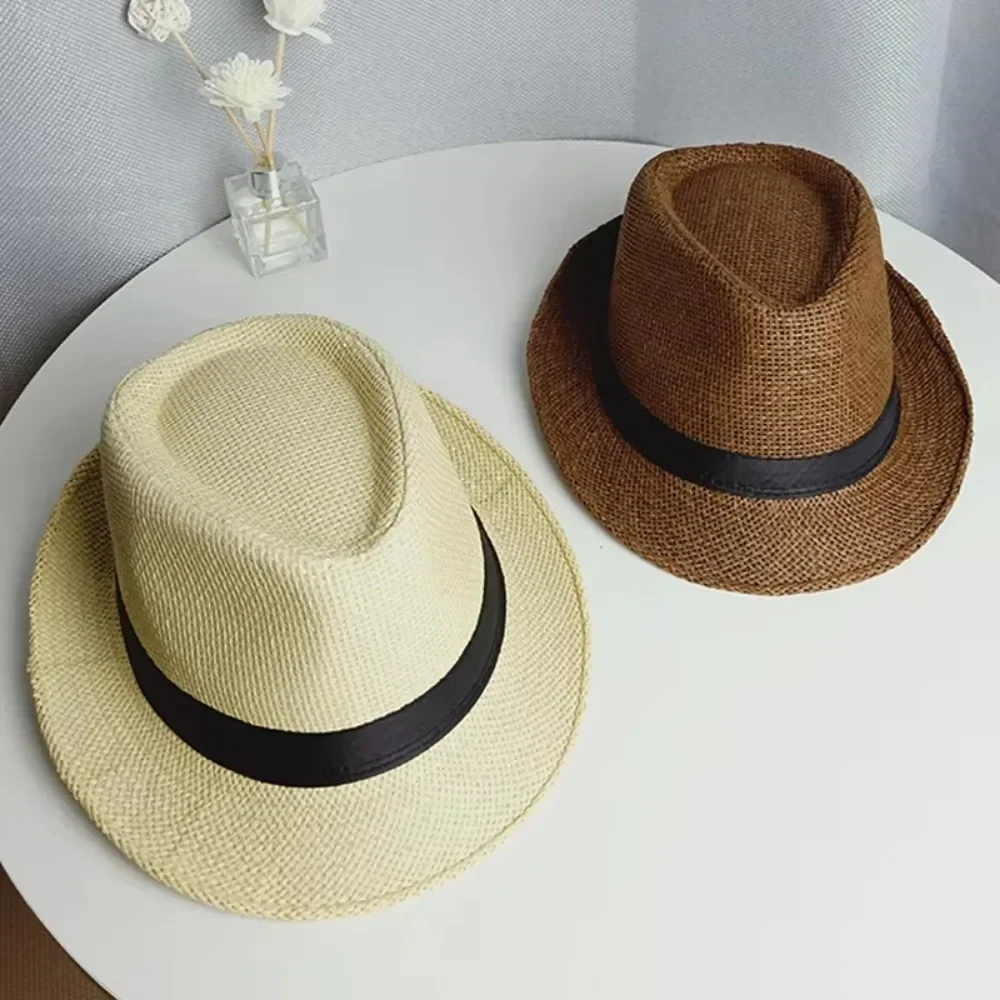 

Fashion Men Straw Hat for Women Summer Trendy Beach Sun Hats Solid Color Fedoras Ribbon Casual Cowboy Jazz Cap Gangster Cap Male
