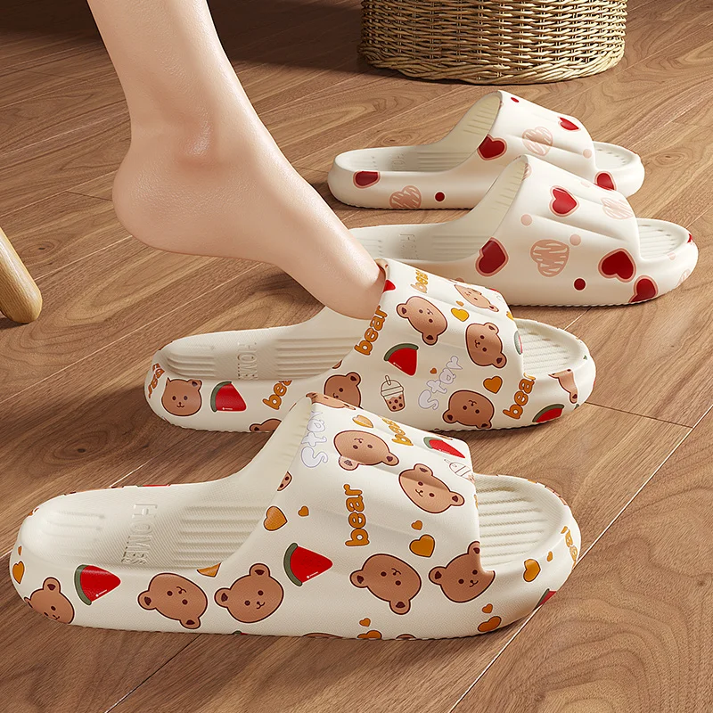 Cartoon Bear Graffiti Heart RabbPrint Women Slippers Men Flip Flops Thick Soft EVA Non-slip Summer Sandals Home Beach Slides